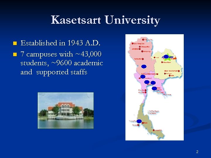 Kasetsart University n n Established in 1943 A. D. 7 campuses with ~43, 000