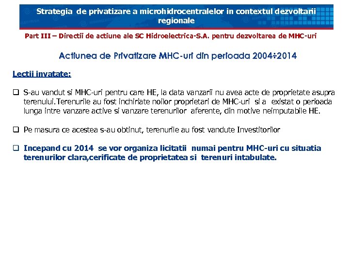 Strategia de privatizare a microhidrocentralelor in contextul dezvoltarii regionale Part III – Directii de