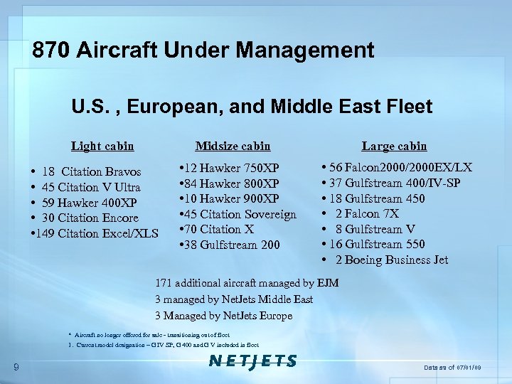870 Aircraft Under Management U. S. , European, and Middle East Fleet Light cabin
