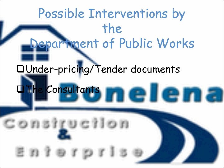 Possible Interventions by the Department of Public Works q. Under-pricing/Tender documents q. The Consultants