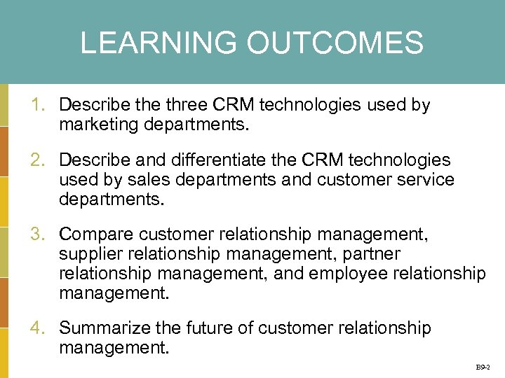 LEARNING OUTCOMES 1. Describe three CRM technologies used by marketing departments. 2. Describe and