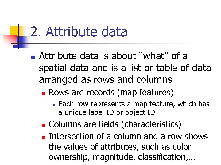 2. Attribute data n Attribute data is about “what” of a spatial data and