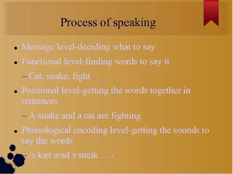 Process of speaking Message level-deciding what to say Functional level-finding words to say it