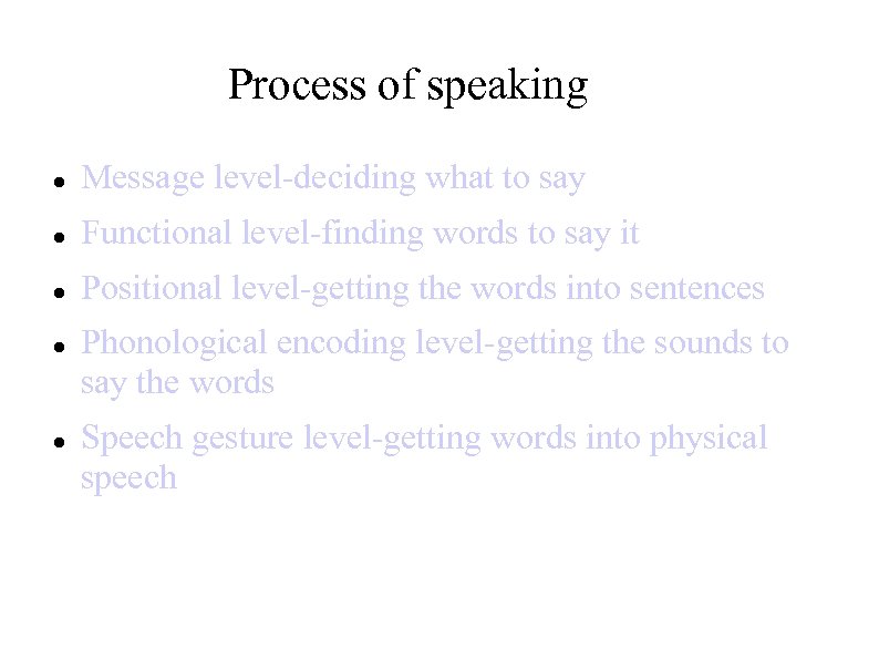 Process of speaking Message level-deciding what to say Functional level-finding words to say it