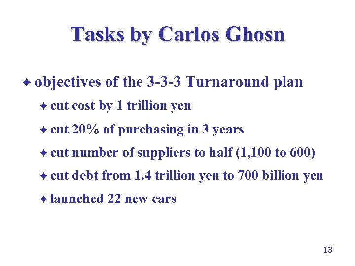 Tasks by Carlos Ghosn è objectives of the 3 -3 -3 Turnaround plan è