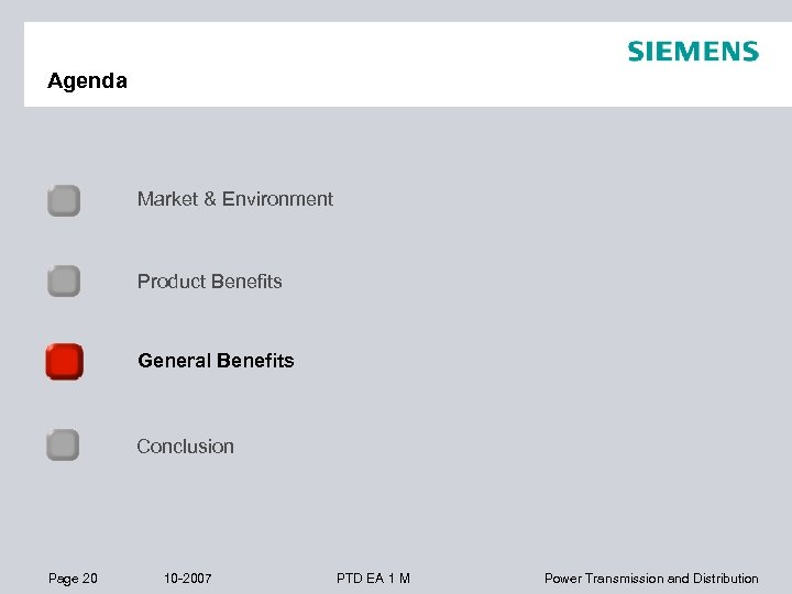 Agenda Market & Environment Product Benefits General Benefits Conclusion Page 20 10 -2007 PTD
