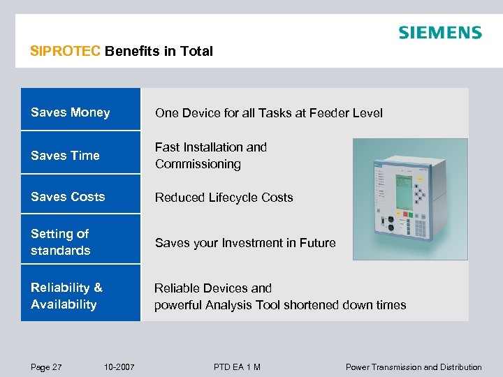 SIPROTEC Benefits in Total Saves Money One Device for all Tasks at Feeder Level