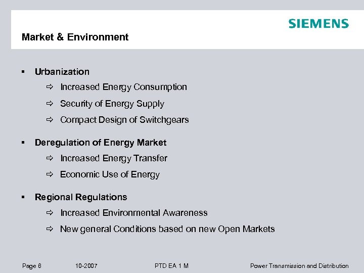 Market & Environment § Urbanization ð Increased Energy Consumption ð Security of Energy Supply