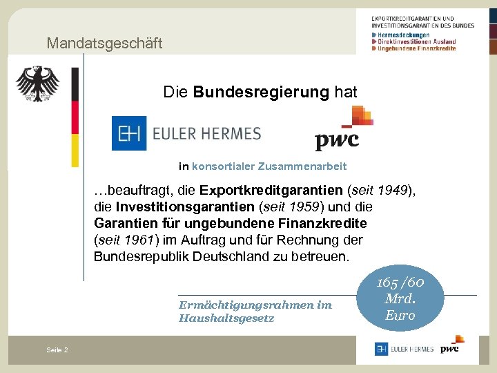 Mandatsgeschäft Die Bundesregierung hat in konsortialer Zusammenarbeit …beauftragt, die Exportkreditgarantien (seit 1949), die Investitionsgarantien