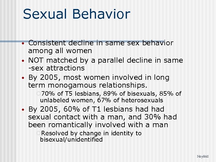 Sexual Behavior Consistent decline in same sex behavior among all women NOT matched by