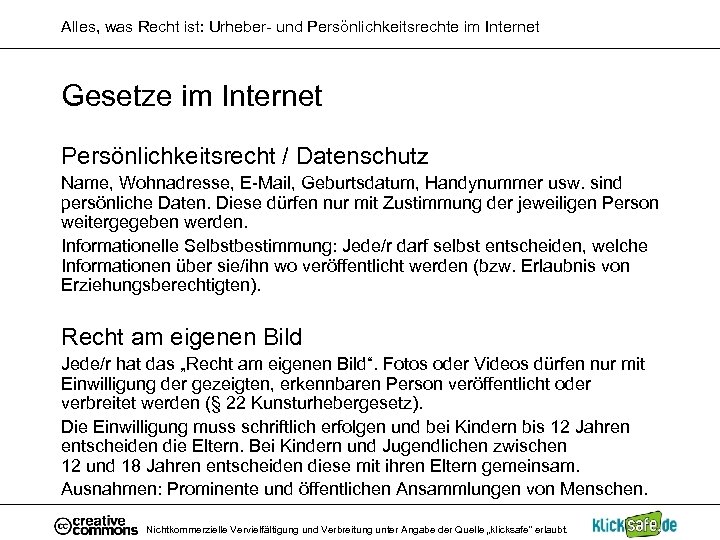 Alles, was Recht ist: Urheber- und Persönlichkeitsrechte im Internet Gesetze im Internet Persönlichkeitsrecht /