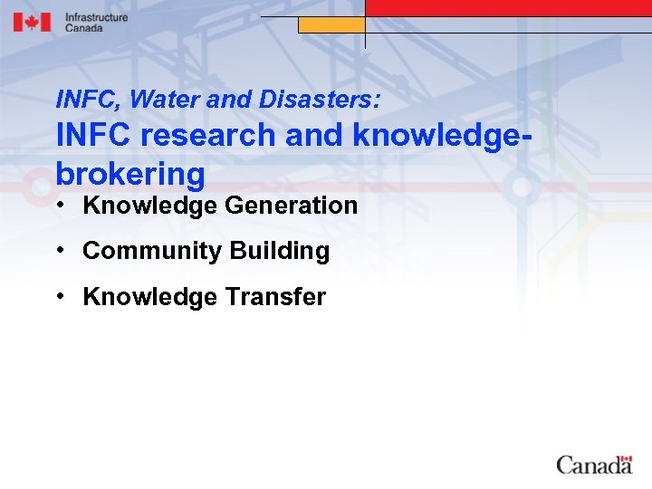 INFC, Water and Disasters: INFC research and knowledgebrokering • Knowledge Generation • Community Building