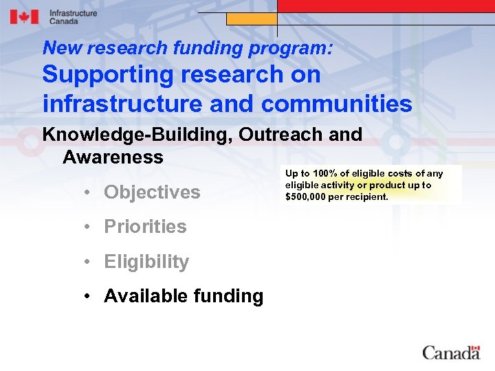 New research funding program: Supporting research on infrastructure and communities Knowledge-Building, Outreach and Awareness