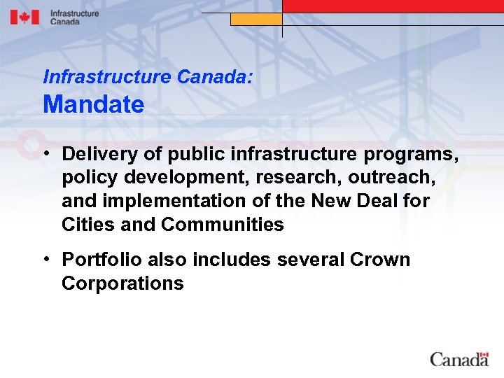 Infrastructure Canada: Mandate • Delivery of public infrastructure programs, policy development, research, outreach, and