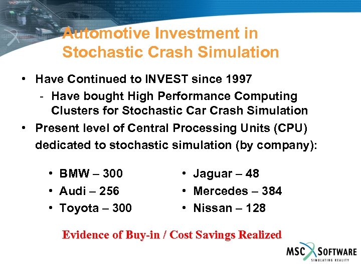 Automotive Investment in Stochastic Crash Simulation • Have Continued to INVEST since 1997 -