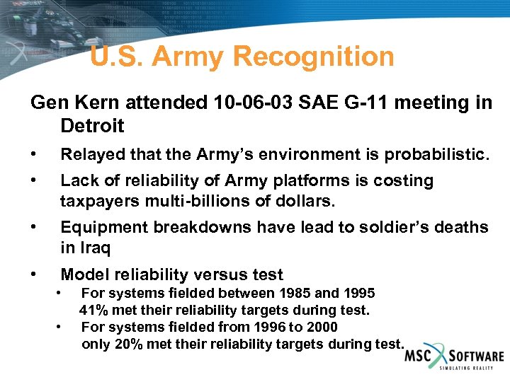U. S. Army Recognition Gen Kern attended 10 -06 -03 SAE G-11 meeting in