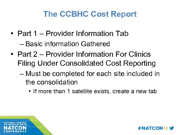 The CCBHC Cost Report • Part 1 – Provider Information Tab – Basic information