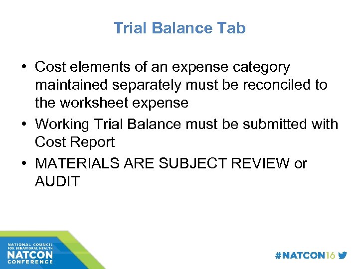 Trial Balance Tab • Cost elements of an expense category maintained separately must be