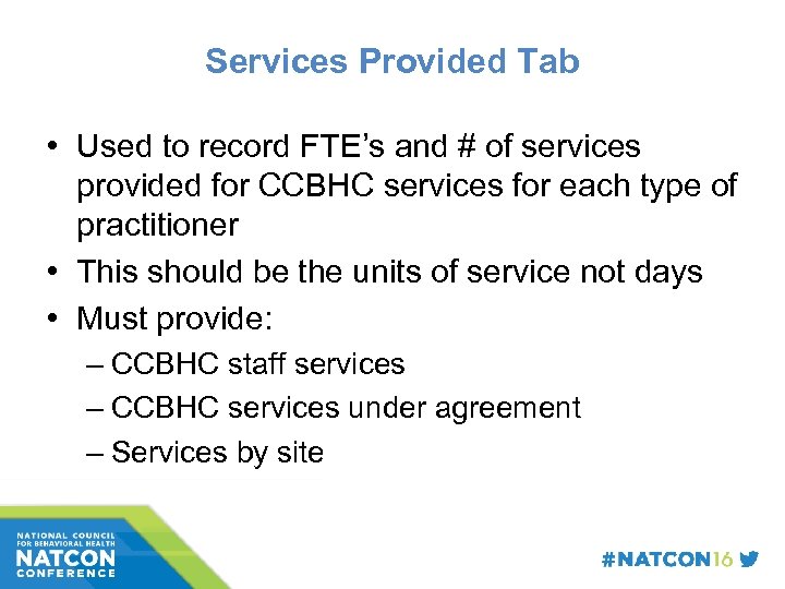 Services Provided Tab • Used to record FTE’s and # of services provided for