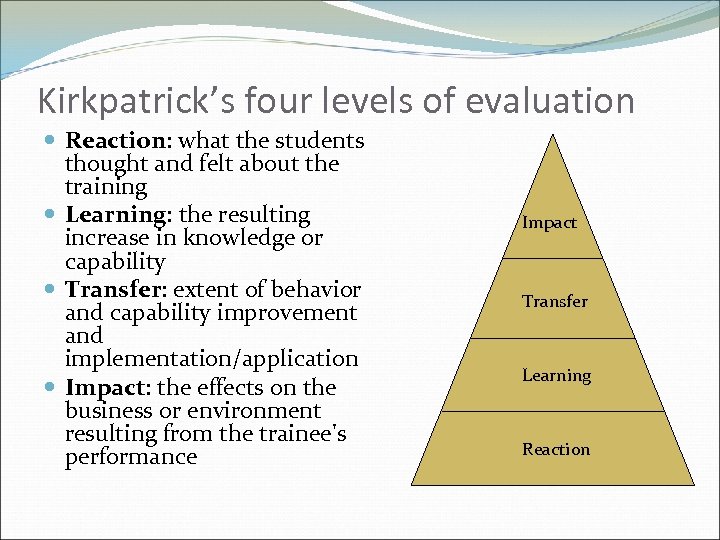 Kirkpatrick’s four levels of evaluation Reaction: what the students thought and felt about the