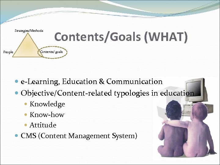 Strategies/Methods People Contents/Goals (WHAT) Contents/ goals e-Learning, Education & Communication Objective/Content-related typologies in education