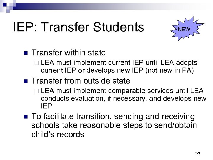 IEP: Transfer Students n NEW Transfer within state ¨ LEA must implement current IEP