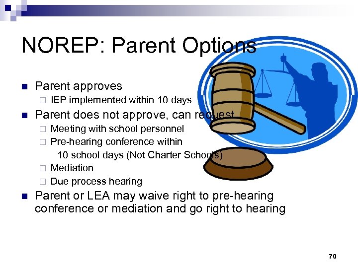 NOREP: Parent Options n Parent approves ¨ n IEP implemented within 10 days Parent