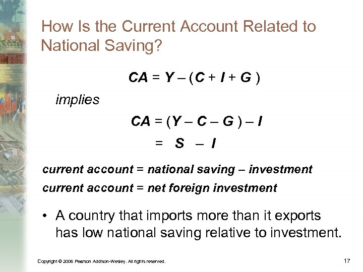 How Is the Current Account Related to National Saving? CA = Y – (C