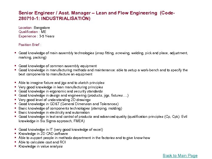 Senior Engineer / Asst. Manager – Lean and Flow Engineering (Code- 280710 -1: INDUSTRIALISATION)