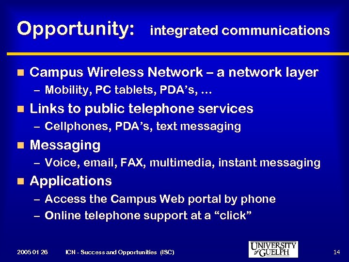 Opportunity: n integrated communications Campus Wireless Network – a network layer – Mobility, PC