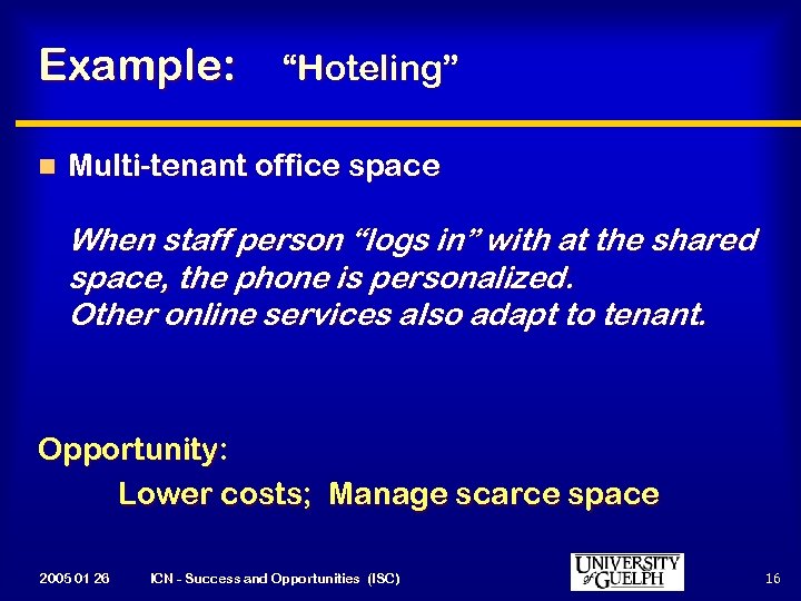 Example: n “Hoteling” Multi-tenant office space When staff person “logs in” with at the