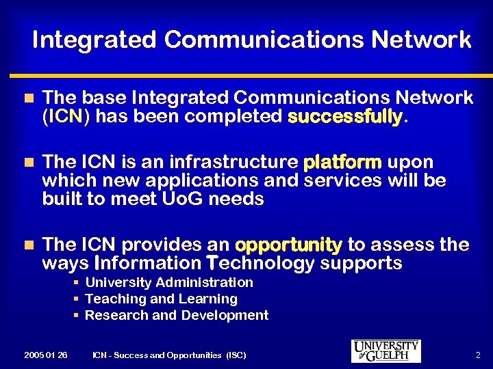 Integrated Communications Network n The base Integrated Communications Network (ICN) has been completed successfully.