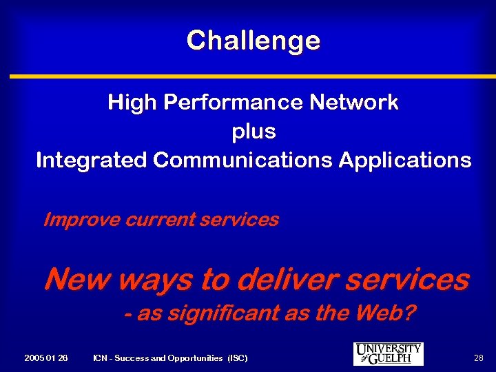 Challenge High Performance Network plus Integrated Communications Applications Improve current services New ways to