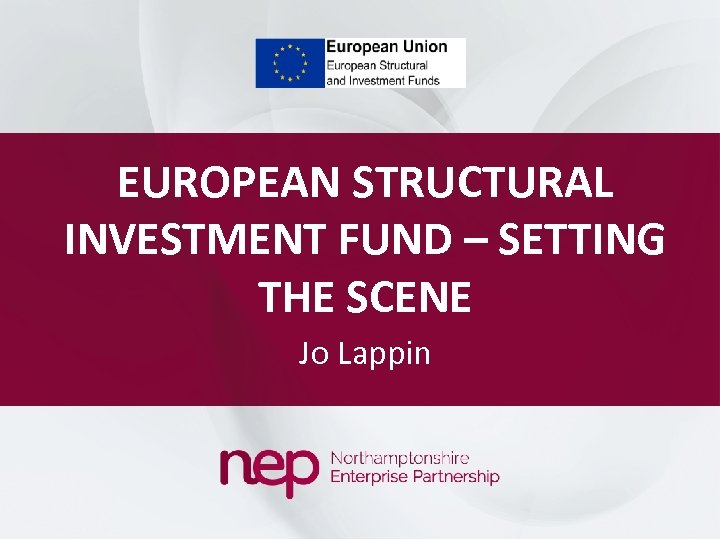 EUROPEAN STRUCTURAL INVESTMENT FUND – SETTING THE SCENE Jo Lappin 