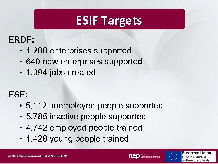 ESIF Targets ERDF: • 1, 200 enterprises supported • 640 new enterprises supported •