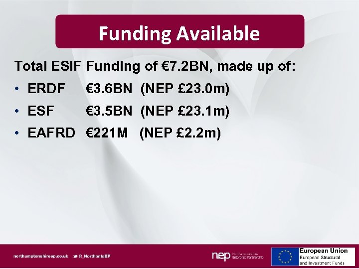 Funding Available Total ESIF Funding of € 7. 2 BN, made up of: •