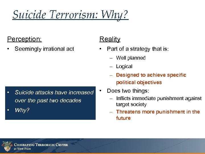Suicide Terrorism: Why? Perception: Reality • Seemingly irrational act • Part of a strategy