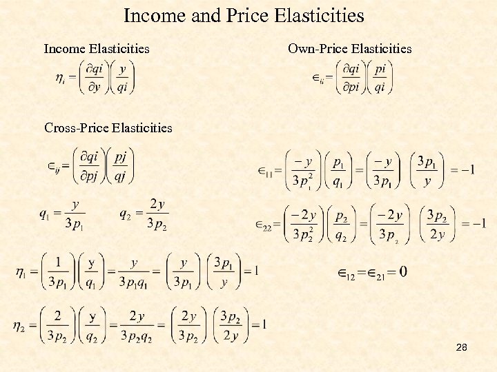 Income and Price Elasticities Income Elasticities Own-Price Elasticities Cross-Price Elasticities 28 