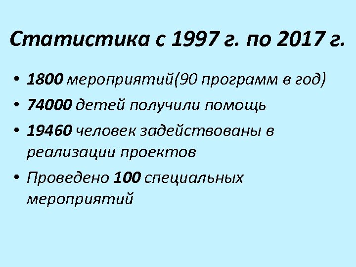 Статистика с 1997 г. по 2017 г. • 1800 мероприятий(90 программ в год) •