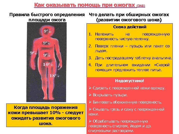 Как оказывать помощь при ожогах (348) Правила быстрого определения Что делать при обширных ожогах