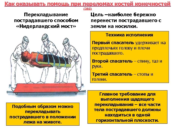 Как оказывать помощь при переломах костей конечностей (360) Перекладывание пострадавшего способом «Нидерландский мост» Цель