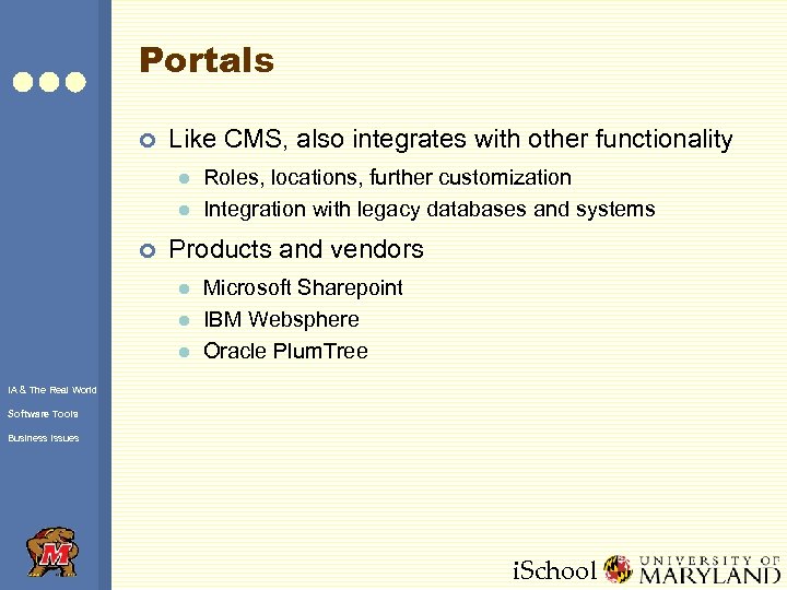 Portals ¢ Like CMS, also integrates with other functionality l l ¢ Roles, locations,