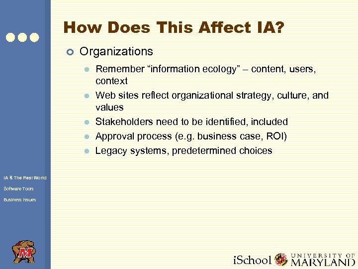 How Does This Affect IA? ¢ Organizations l l l Remember “information ecology” –