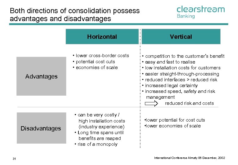 Both directions of consolidation possess advantages and disadvantages Horizontal • lower cross-border costs •