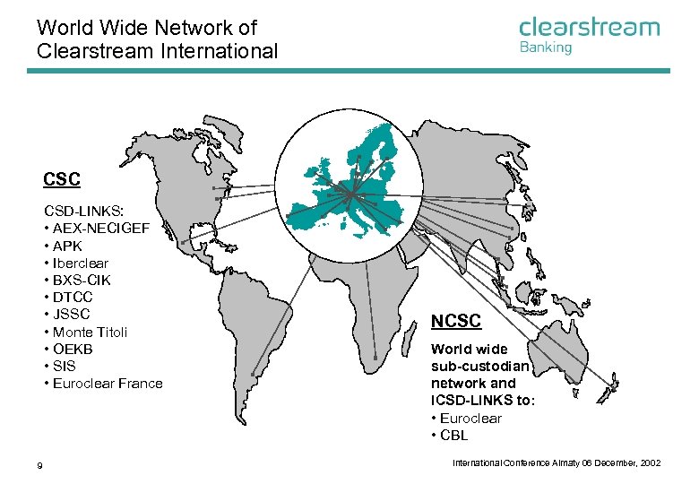 World Wide Network of Clearstream International CSC CSD-LINKS: • AEX-NECIGEF • APK • Iberclear
