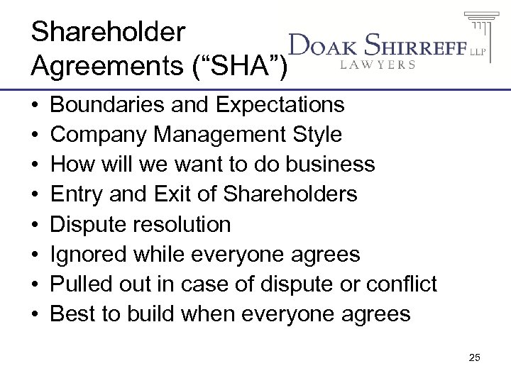 Shareholder Agreements (“SHA”) • • Boundaries and Expectations Company Management Style How will we