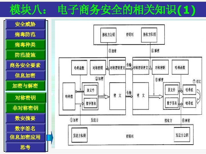 模块八： 电子商务安全的相关知识(1) 安全威胁 病毒防范 病毒种类 防范措施 商务安全要素 信息加密 加密与解密 对称密钥 非对称密钥 数安摘要 数字签名 信息加密应用