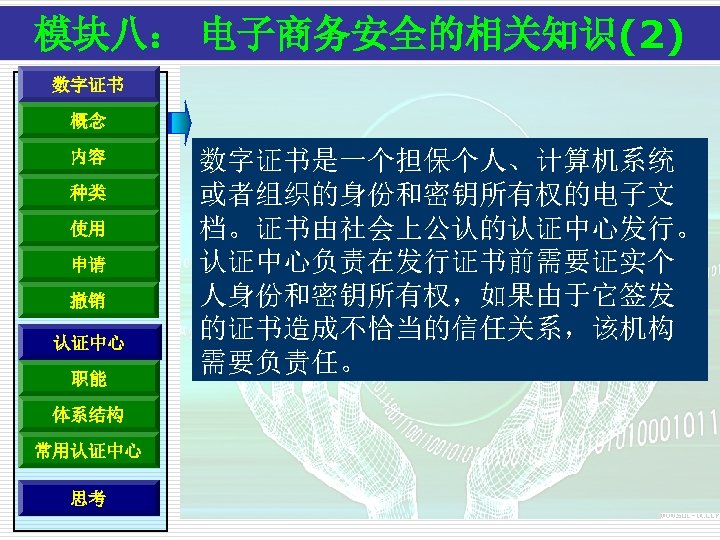 模块八： 电子商务安全的相关知识(2) 数字证书 概念 内容 种类 使用 申请 撤销 认证中心 职能 体系结构 常用认证中心 思考
