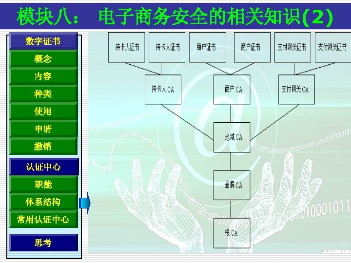 模块八： 电子商务安全的相关知识(2) 数字证书 概念 内容 种类 使用 申请 撤销 认证中心 职能 体系结构 常用认证中心 思考