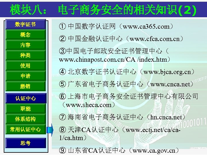 模块八： 电子商务安全的相关知识(2) 数字证书 概念 内容 种类 使用 申请 ① 中国数字认证网（www. ca 365. com） ②